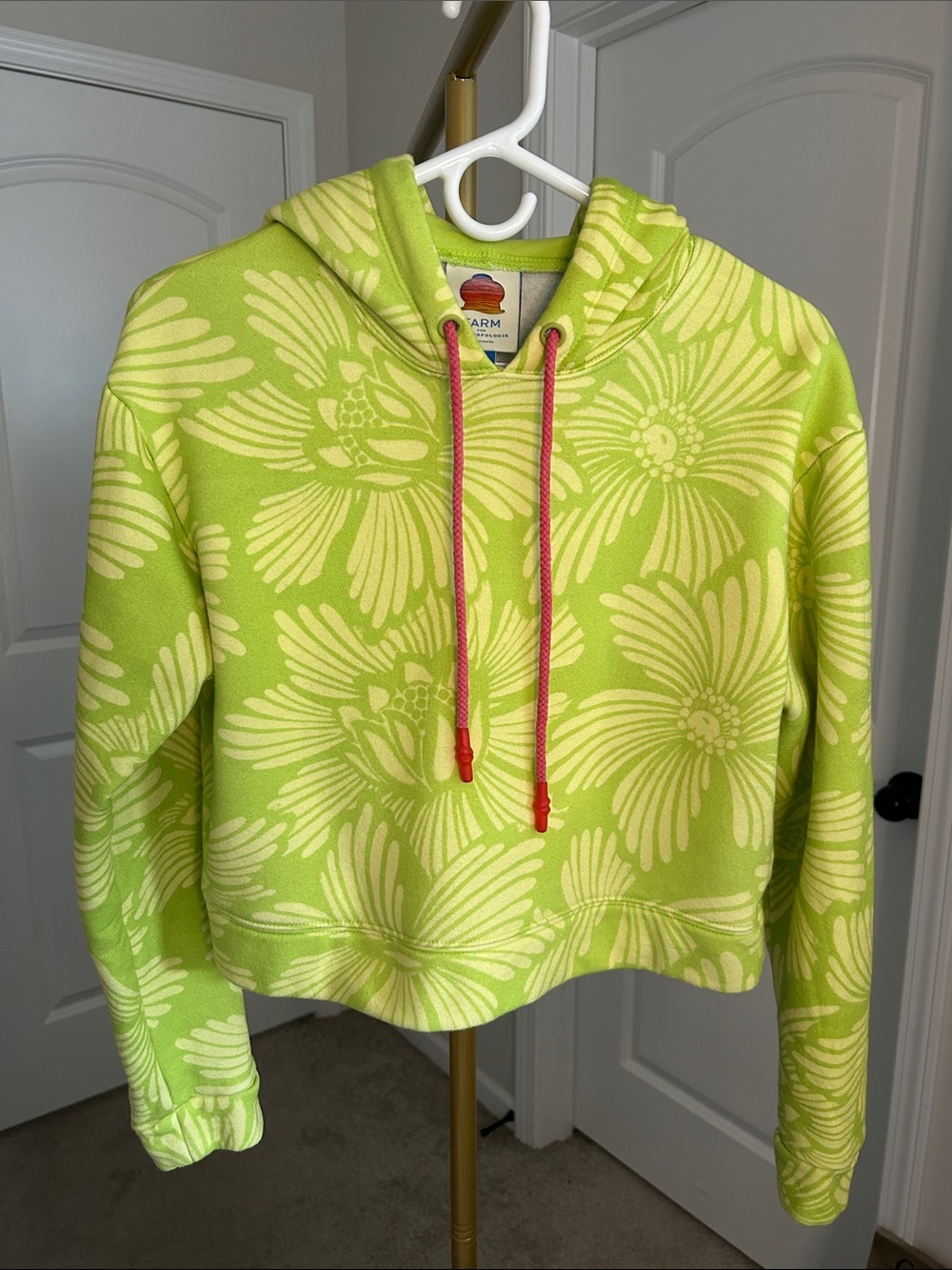 FARM Rio for Anthropologie Lime Green/Yelllow Floral Cropped Hoodie